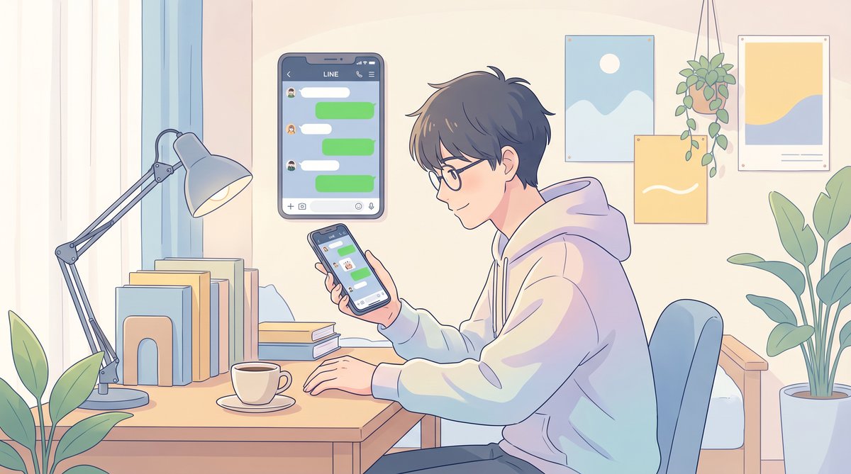 大学生がスマートフォンでLINEを見ているイラスト
