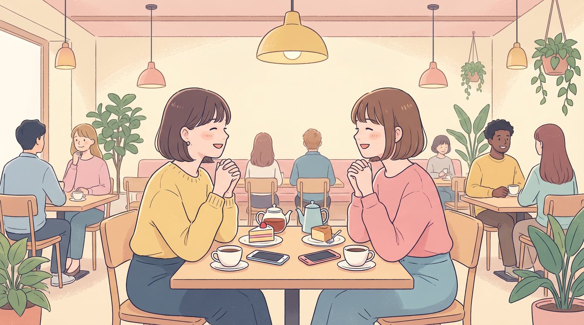 カフェで直接会話を楽しむ大学生のイラスト