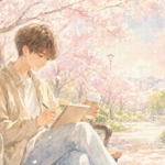 桜並木の下のベンチで春休みの計画を考える大学生（水彩画風イラスト）