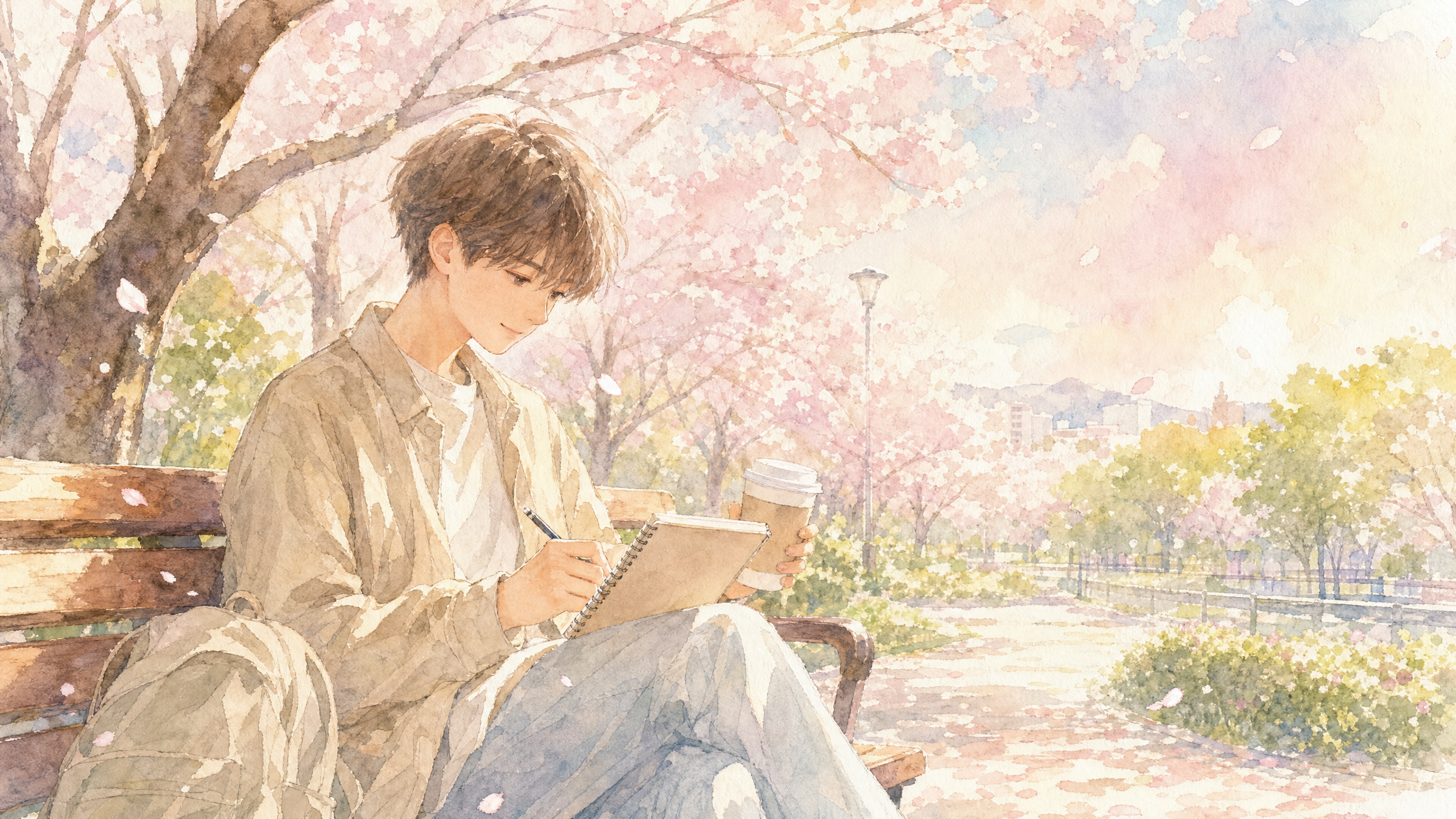 桜並木の下のベンチで春休みの計画を考える大学生（水彩画風イラスト）