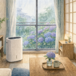梅雨時期の一人暮らしの部屋で除湿器と湿度計がある快適な空間の水彩画イラスト