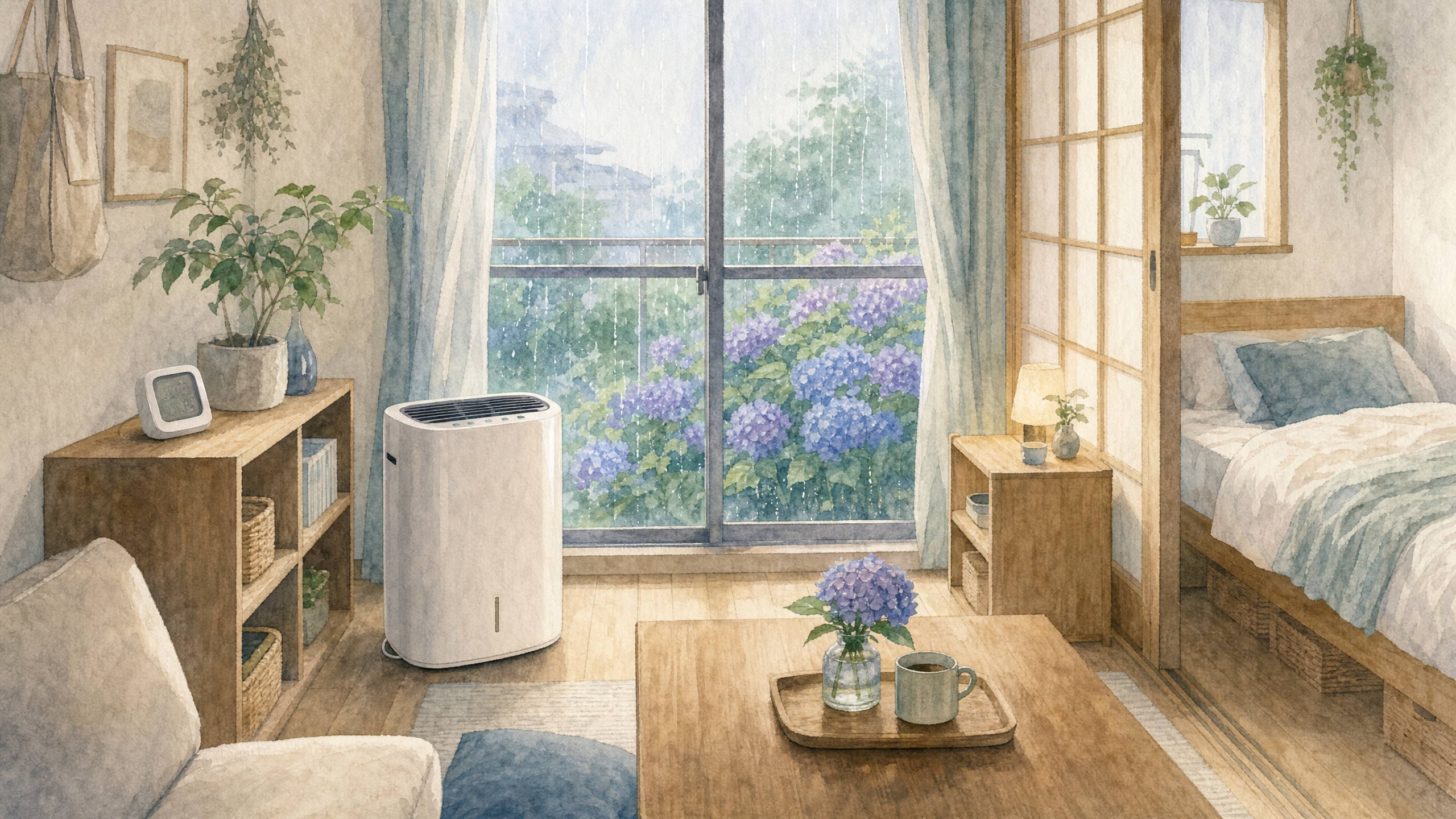 梅雨時期の一人暮らしの部屋で除湿器と湿度計がある快適な空間の水彩画イラスト