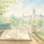 大学のキャンパスを背景に、机の上にノート・専門書・マグカップが置かれた水彩画風イラスト