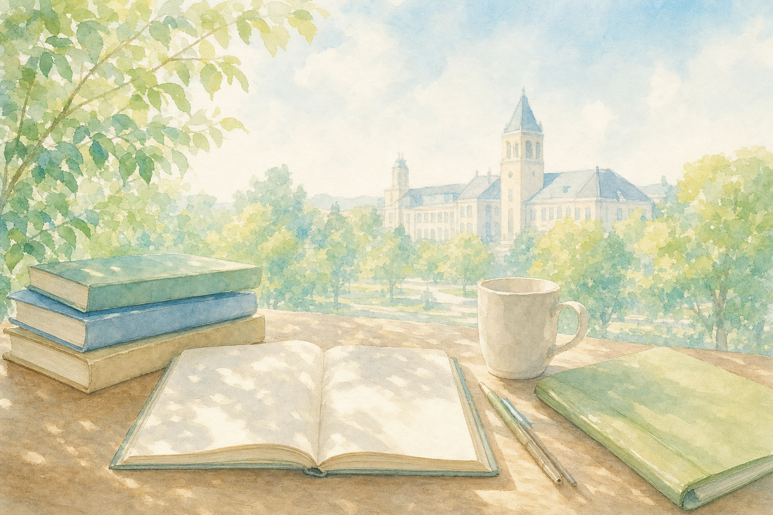 大学のキャンパスを背景に、机の上にノート・専門書・マグカップが置かれた水彩画風イラスト