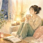 夜の自室でお茶を飲みながら一息つく社会人の水彩画イラスト