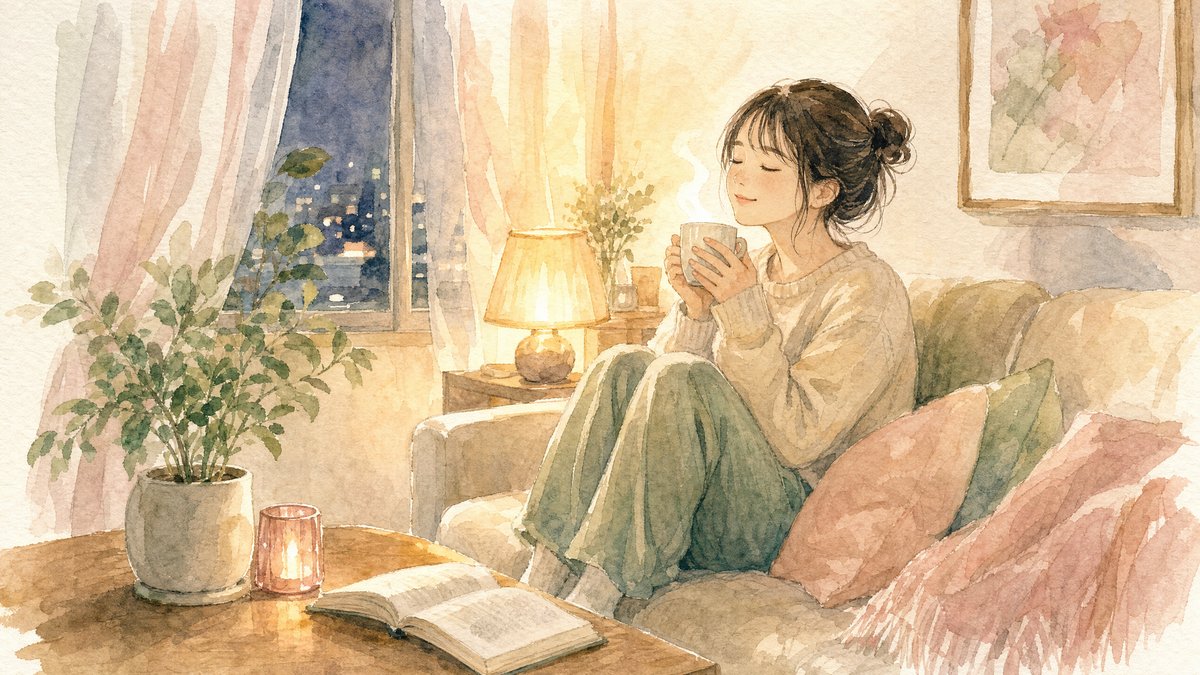 夜の自室でお茶を飲みながら一息つく社会人の水彩画イラスト