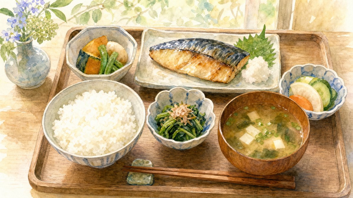 一汁三菜のバランスの良い一人暮らしの食事(水彩画風イラスト)