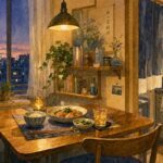 一人暮らしのアパートで夕食を楽しむ温かい食卓の様子（水彩画風イラスト）