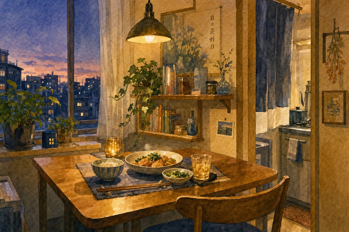 一人暮らしのアパートで夕食を楽しむ温かい食卓の様子（水彩画風イラスト）