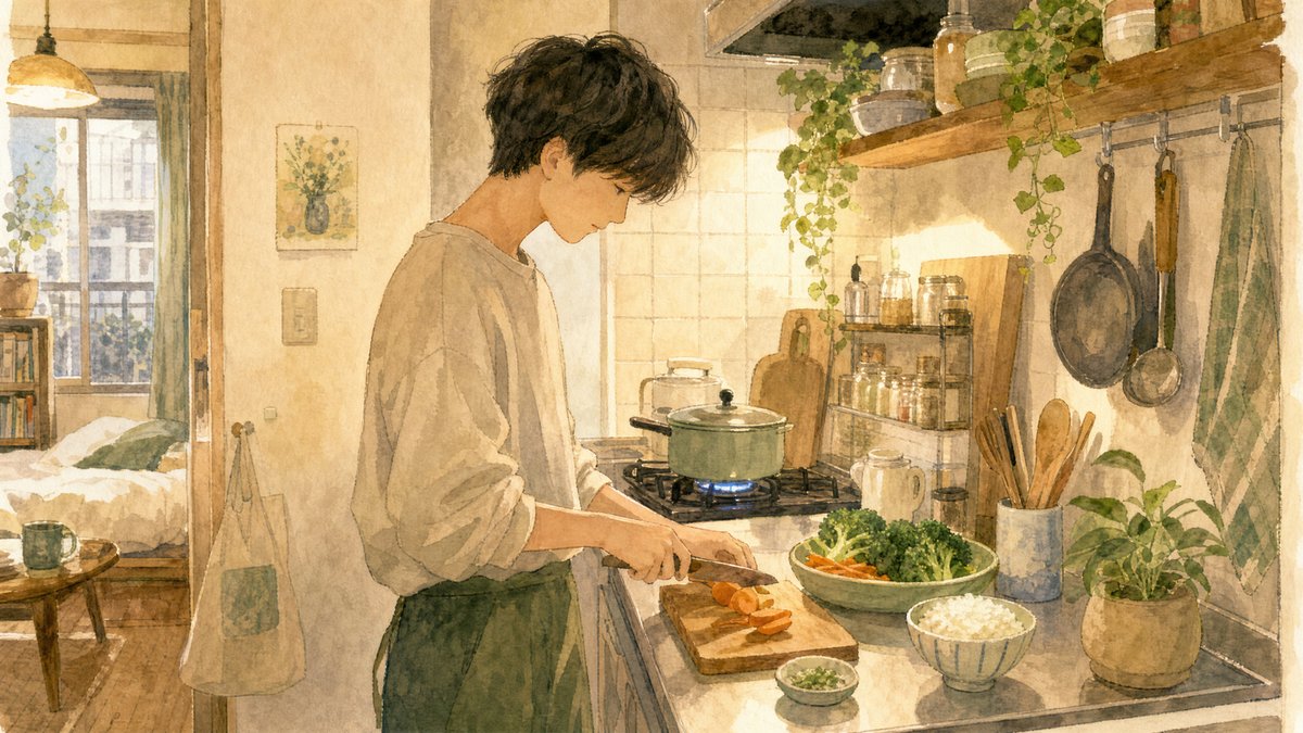 一人暮らしのキッチンで野菜を切りながら自炊をする様子(水彩画風イラスト)