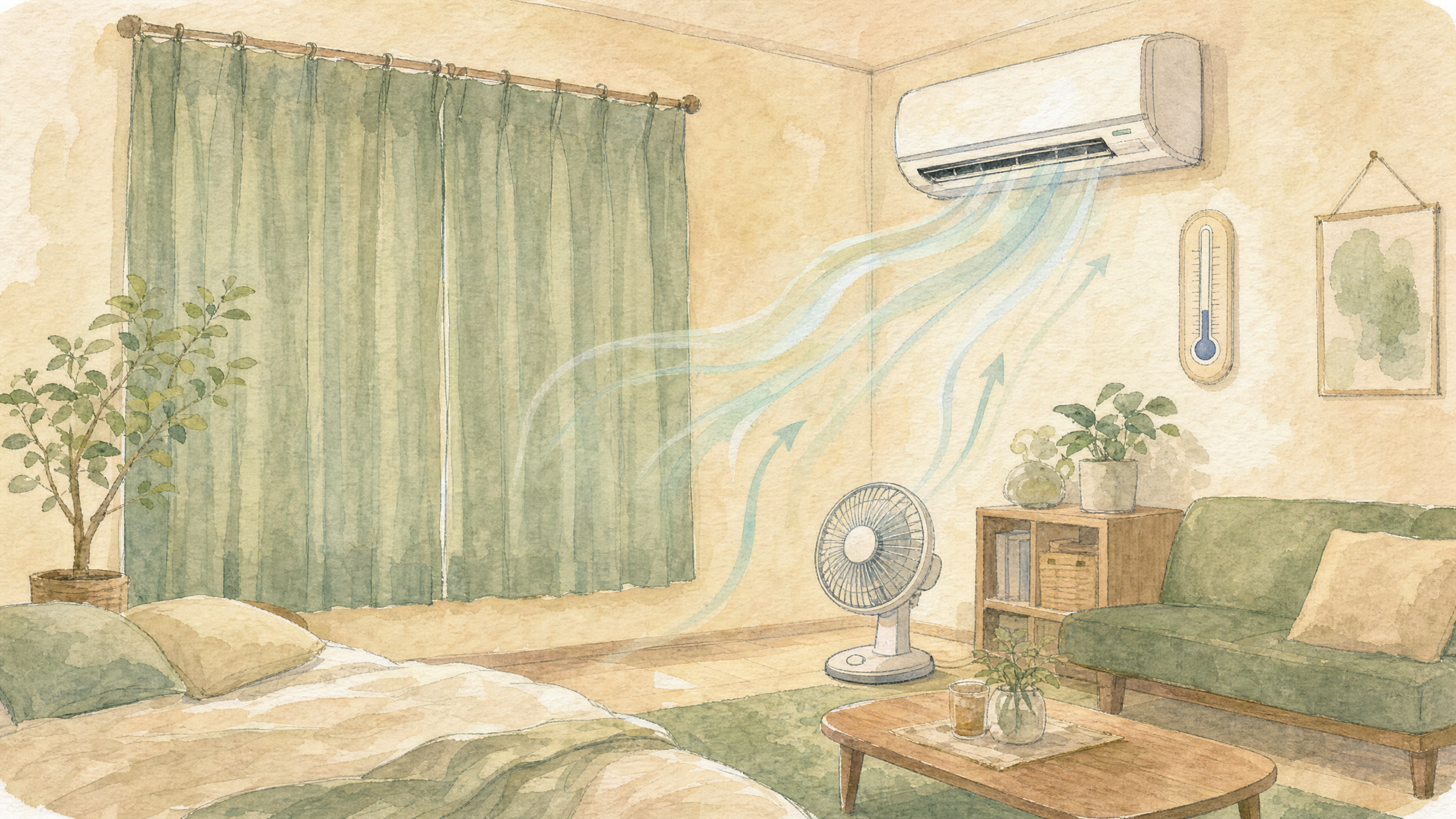 エアコンと扇風機を併用して効率よく冷暖房する一人暮らしの部屋の水彩画