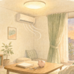 一人暮らしの部屋の水彩画イラスト。LED照明とエアコンと節約のイメージ