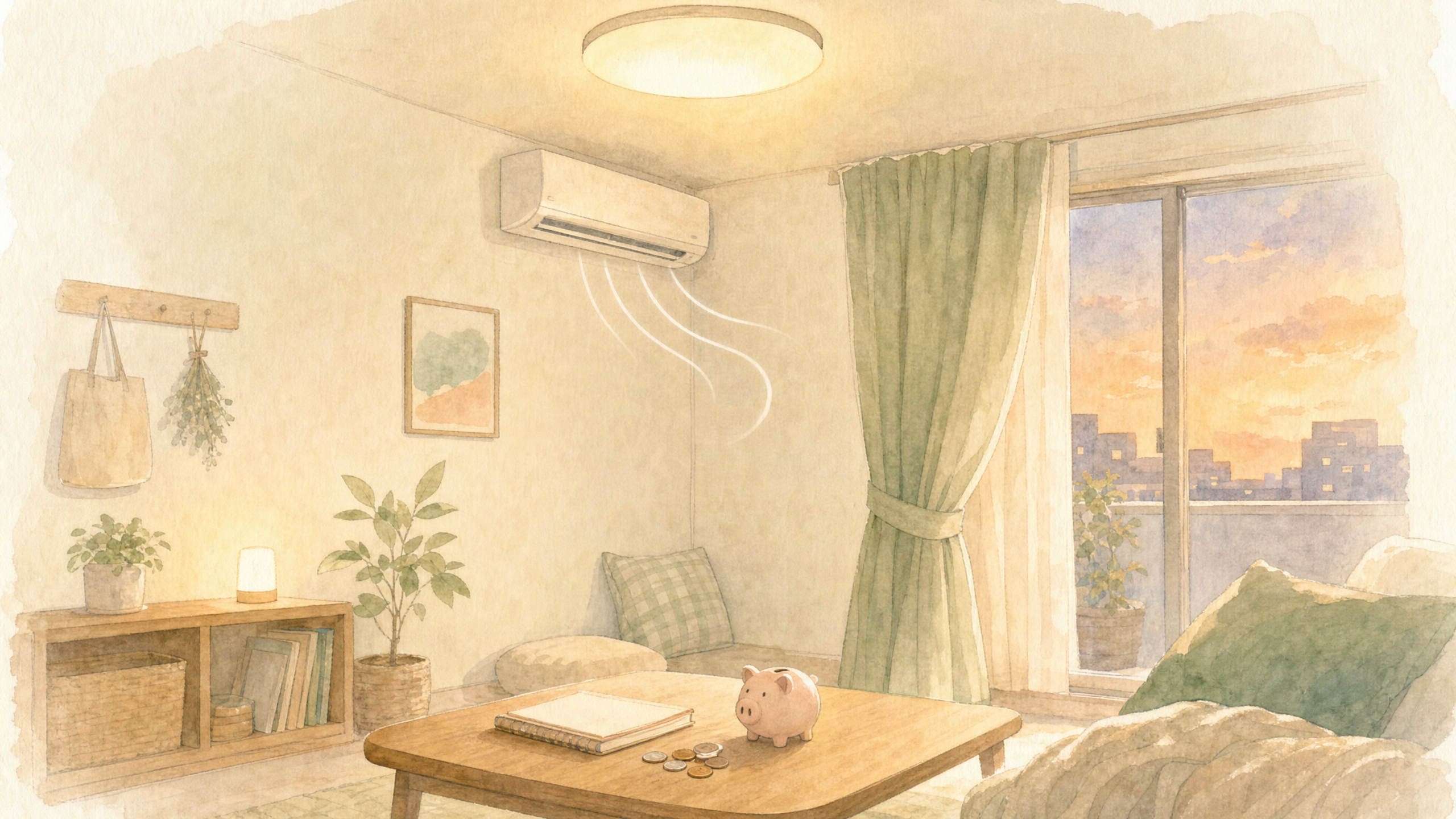 一人暮らしの部屋の水彩画イラスト。LED照明とエアコンと節約のイメージ
