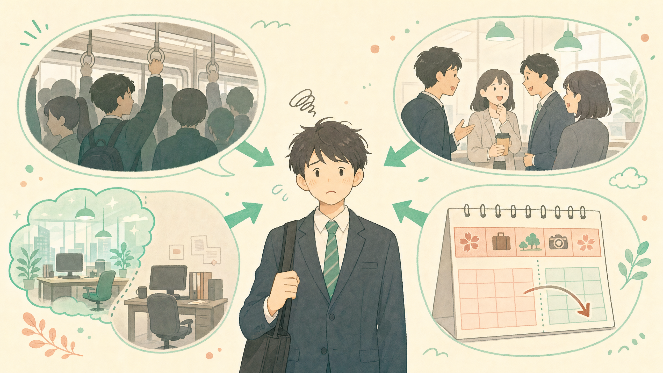 5月病の原因 - 通勤・人間関係・理想と現実のギャップを表したイラスト