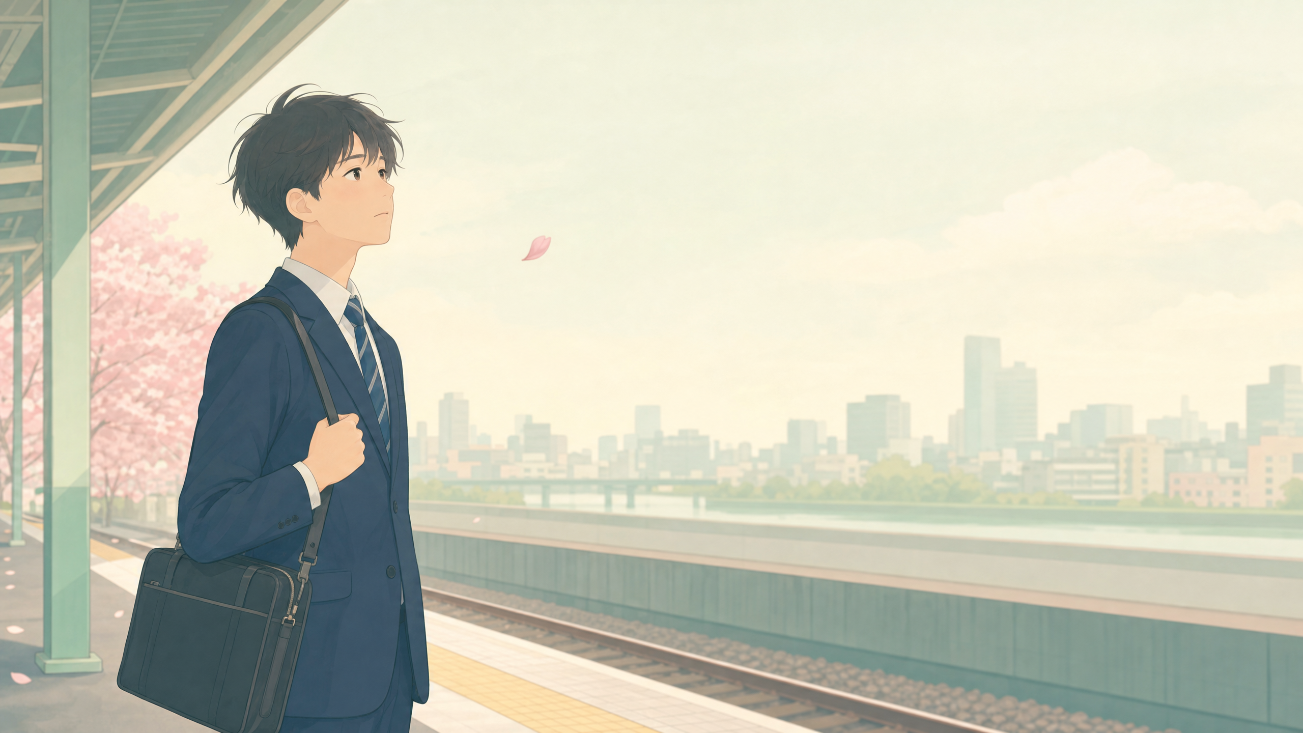 新社会人の5月病 - 駅のホームで遠くを見つめるスーツ姿の若者のイラスト