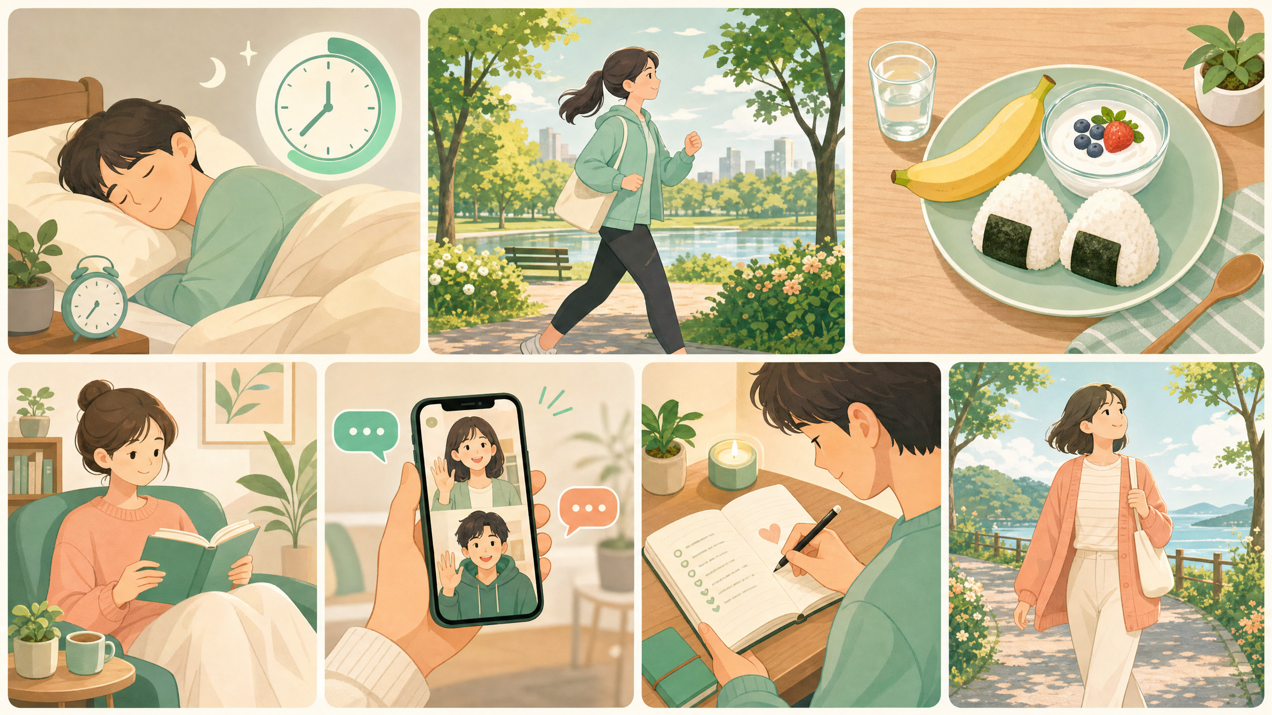 5月病のセルフケア - 睡眠・運動・食事・趣味・対話を表したイラスト