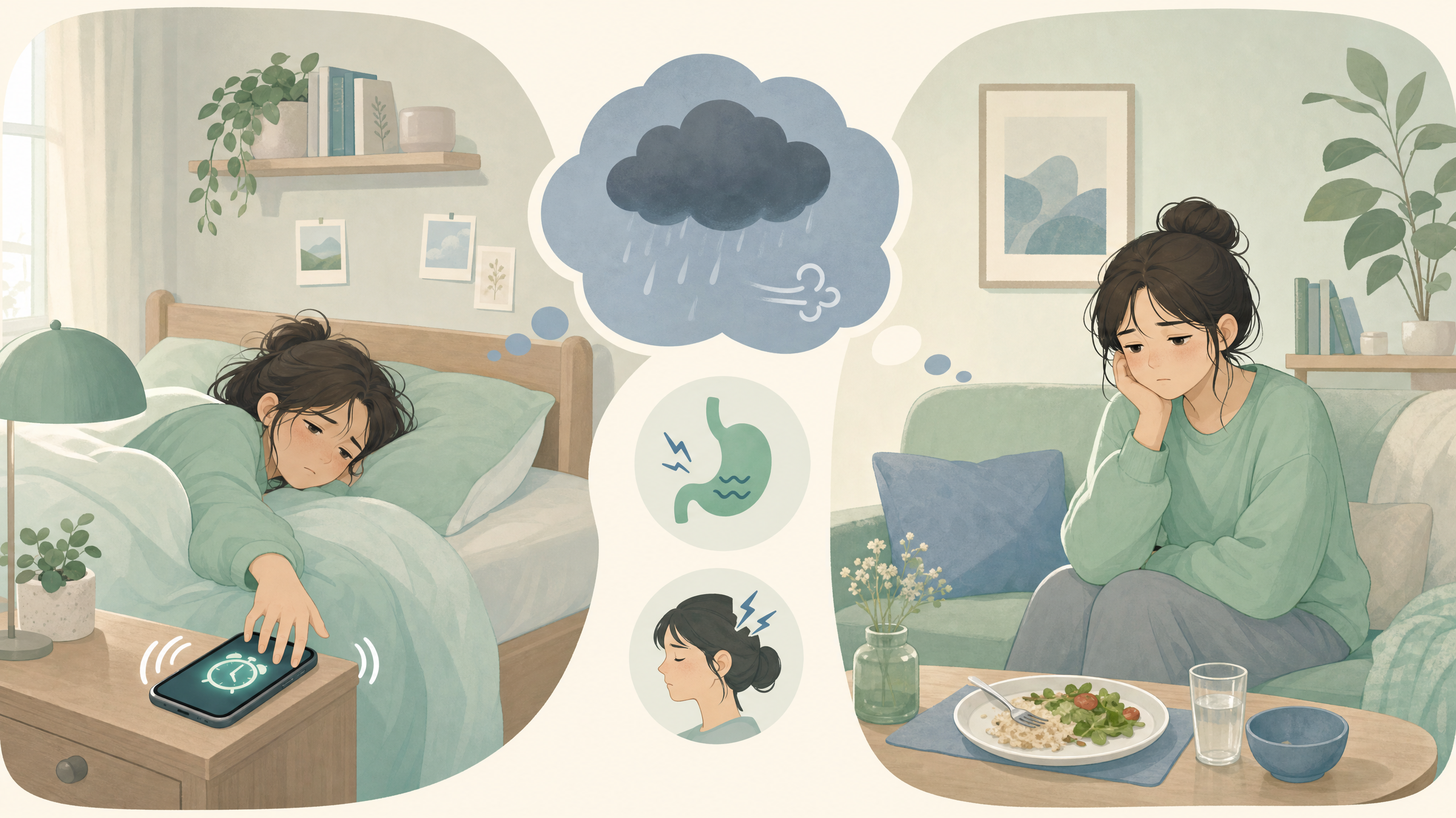 5月病の身体的・精神的な症状 - 起きられない朝・気分の落ち込みのイラスト
