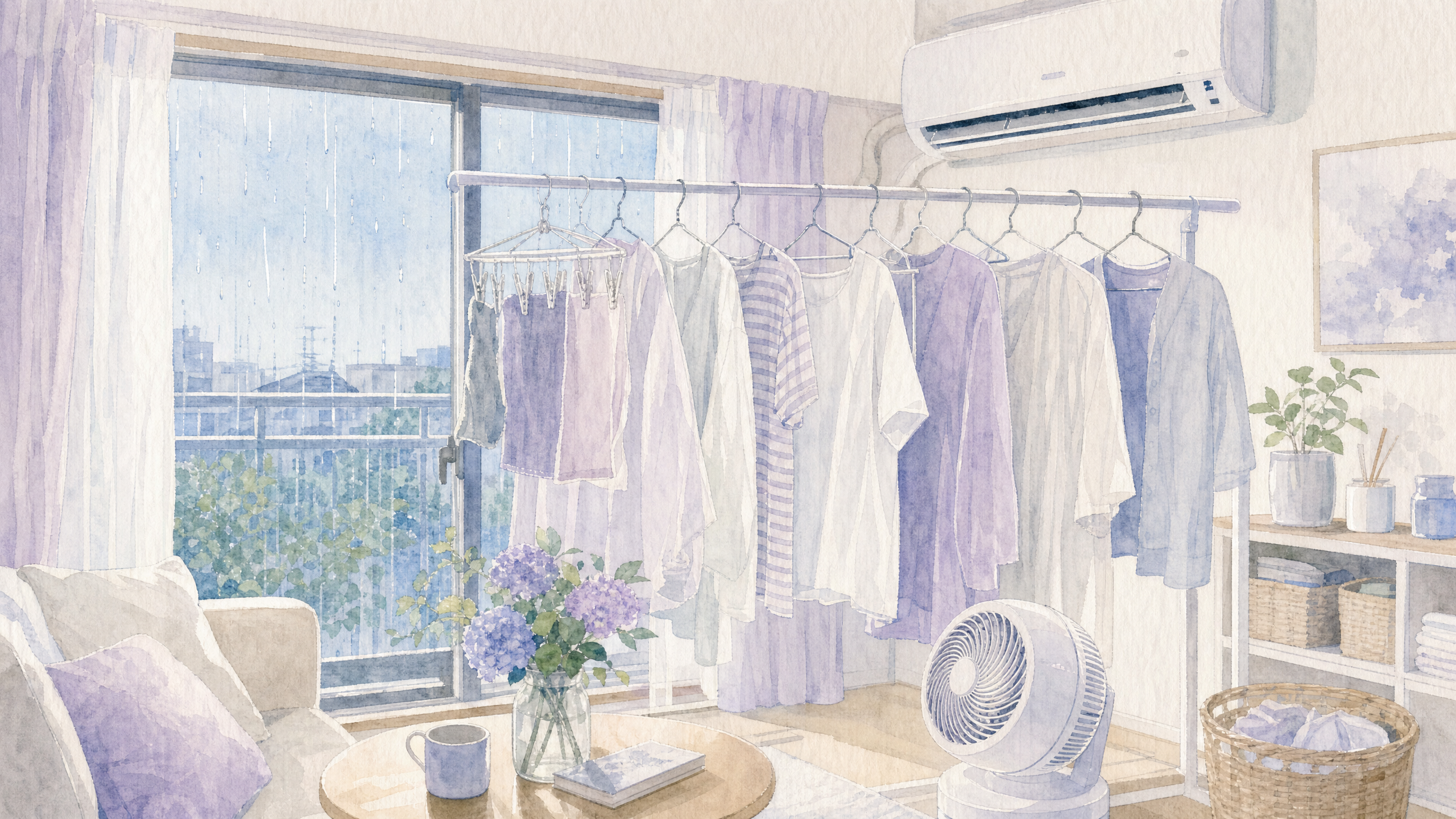 梅雨時期にエアコン除湿とサーキュレーターを使って部屋干ししている水彩画イラスト