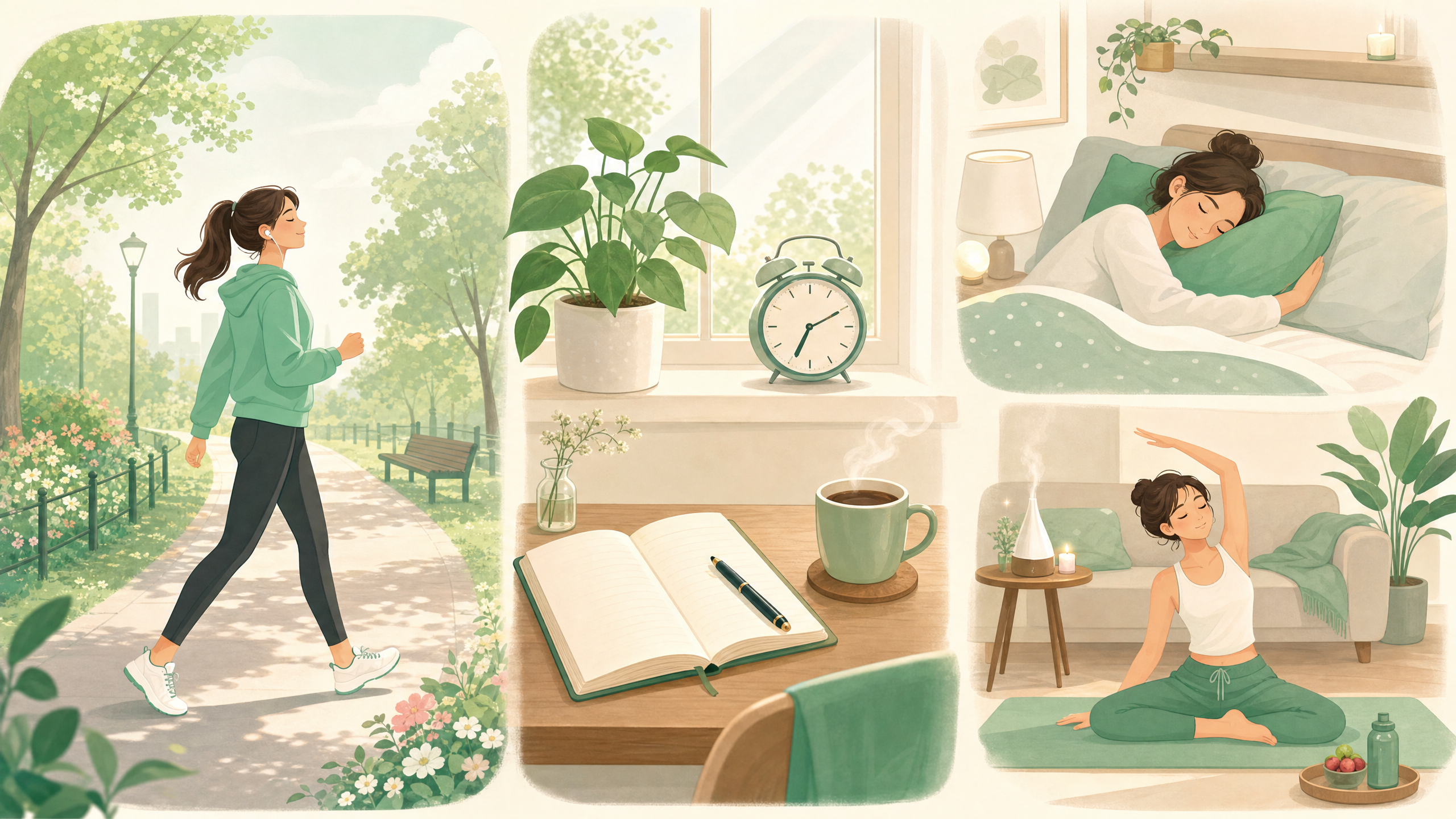 毎日続けるセルフケア習慣 - ウォーキング・日記・観葉植物のイラスト