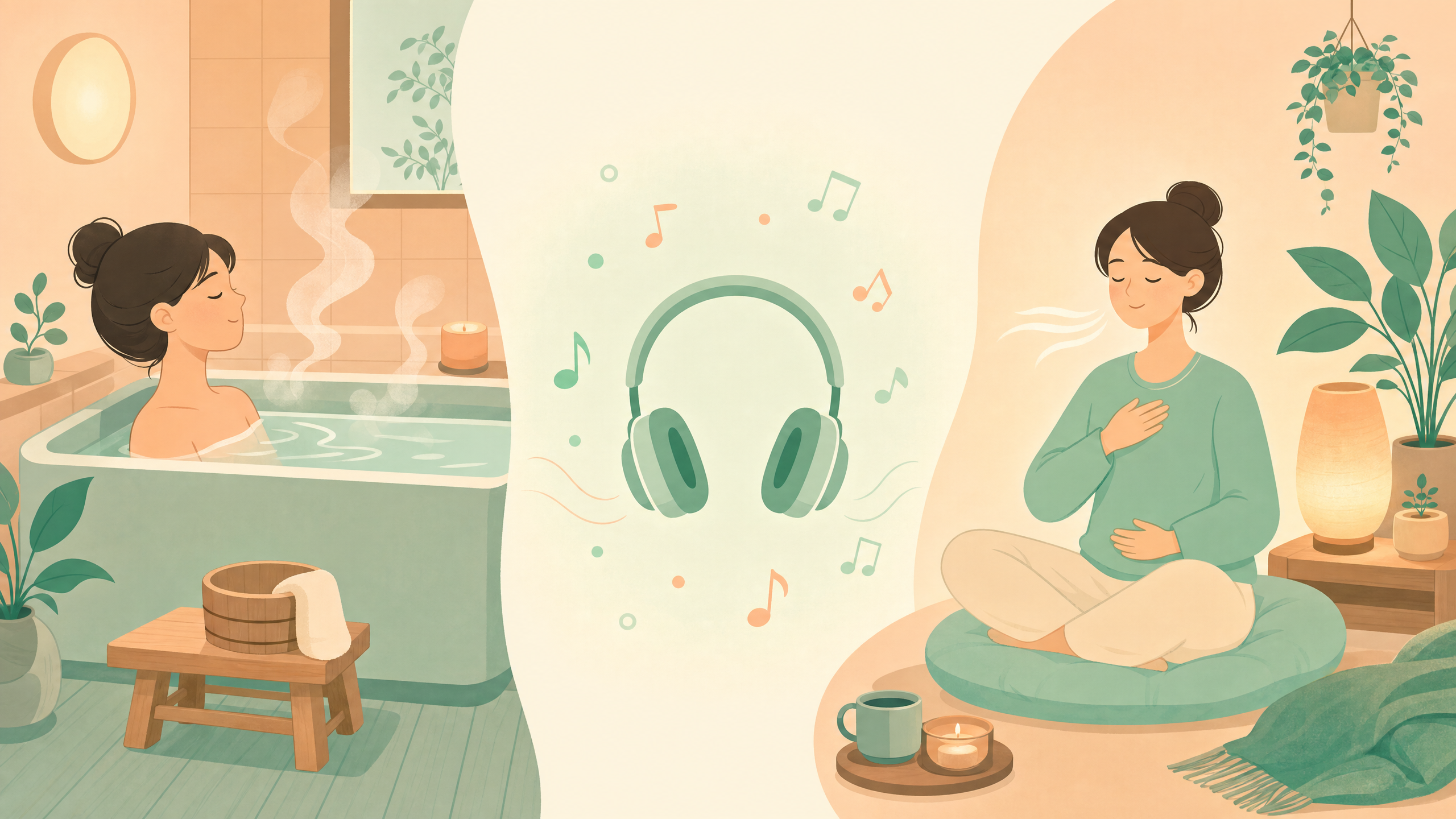 帰宅後すぐできるストレス解消法 - お風呂・音楽・深呼吸のイラスト