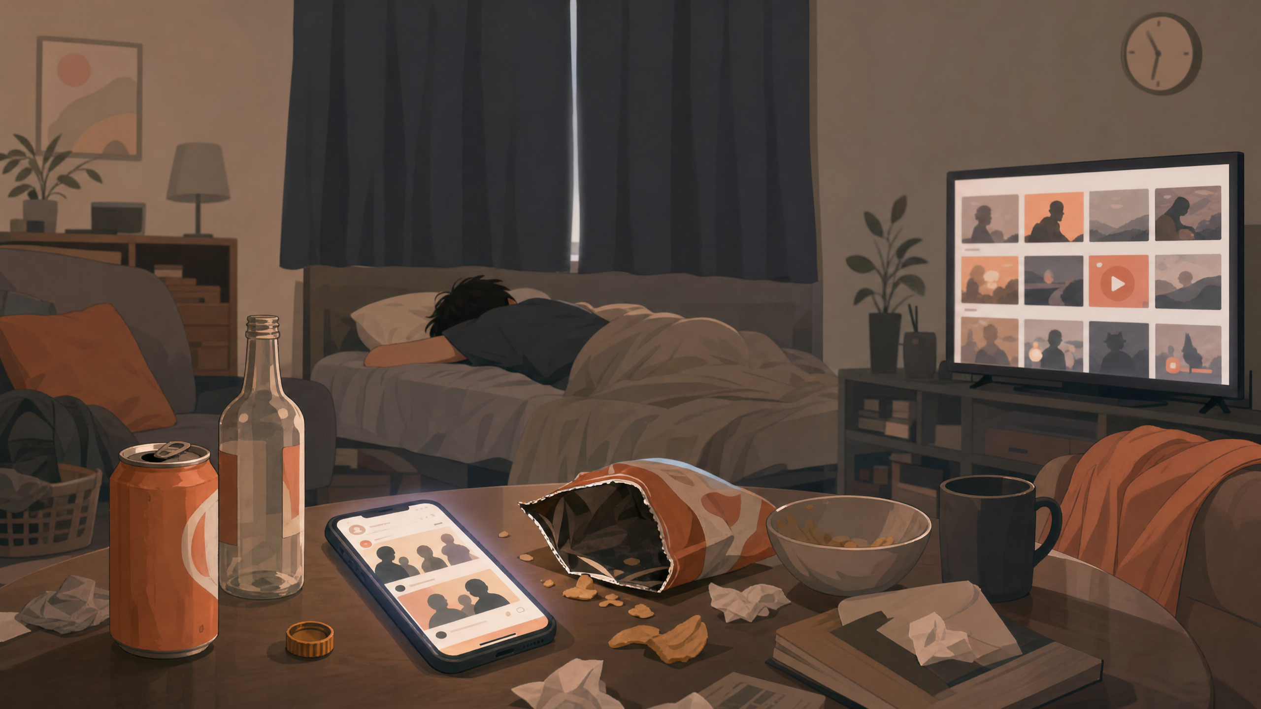 NGなストレス解消法 - 飲酒・深夜SNS・過食・寝逃げのイラスト