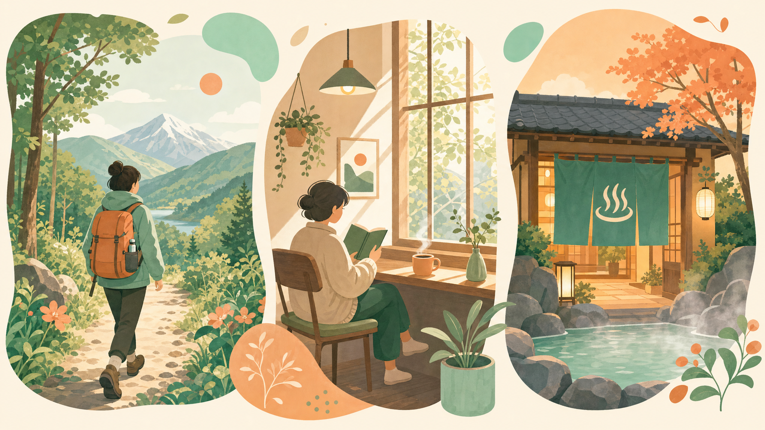 週末リフレッシュ - ハイキング・カフェ・銭湯のイラスト