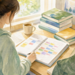大学生がスケジュール帳でバイトシフトを管理している水彩画風イラスト