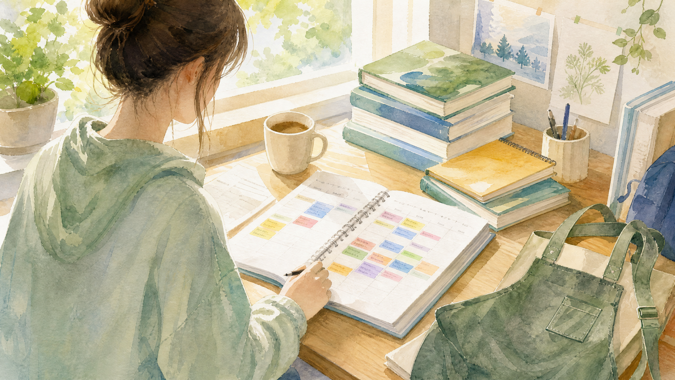 大学生がスケジュール帳でバイトシフトを管理している水彩画風イラスト