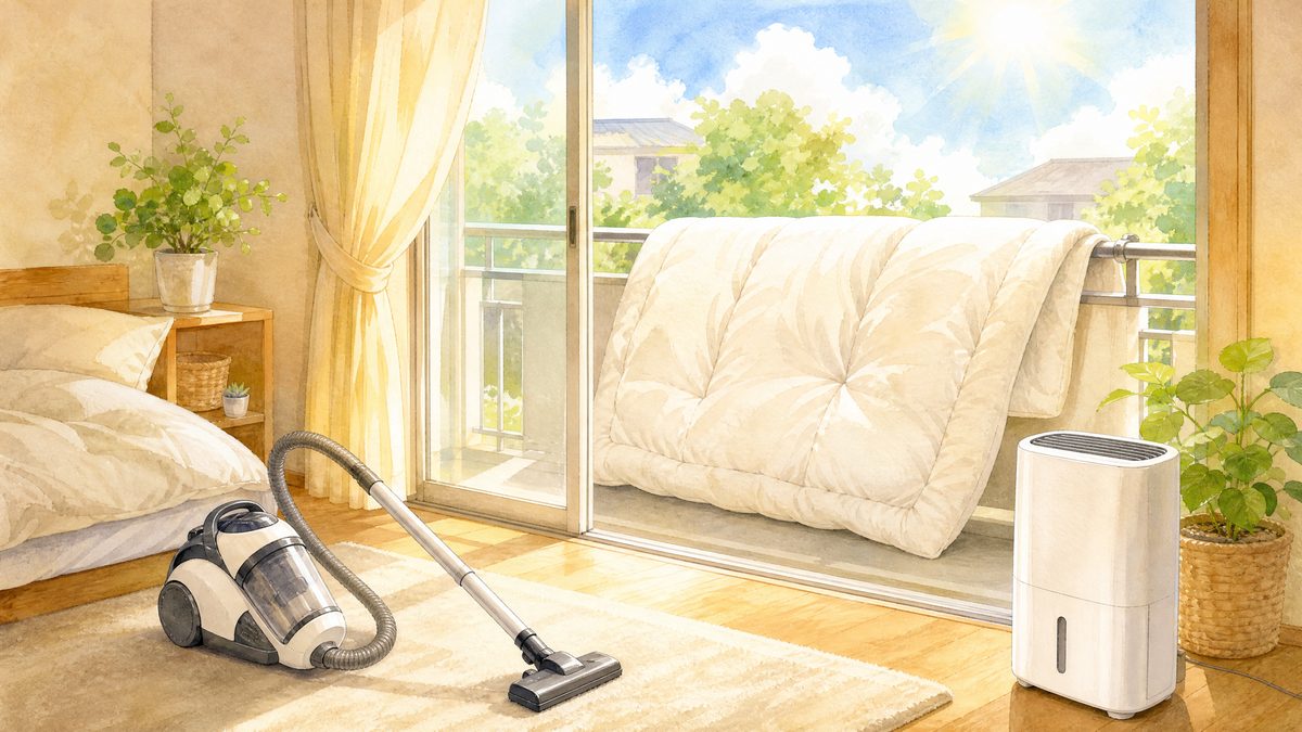 ダニ予防のための布団干しと掃除機がけ