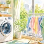 洗濯機と物干しラックのある明るい部屋の水彩画イラスト