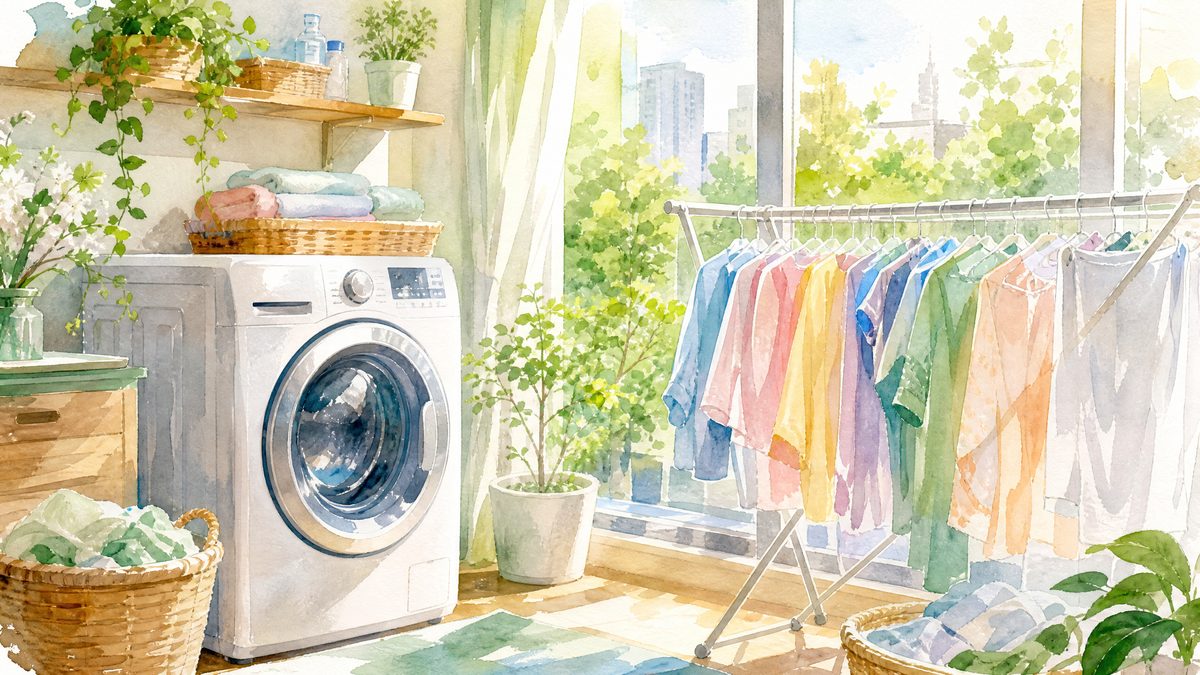 洗濯機と物干しラックのある明るい部屋の水彩画イラスト