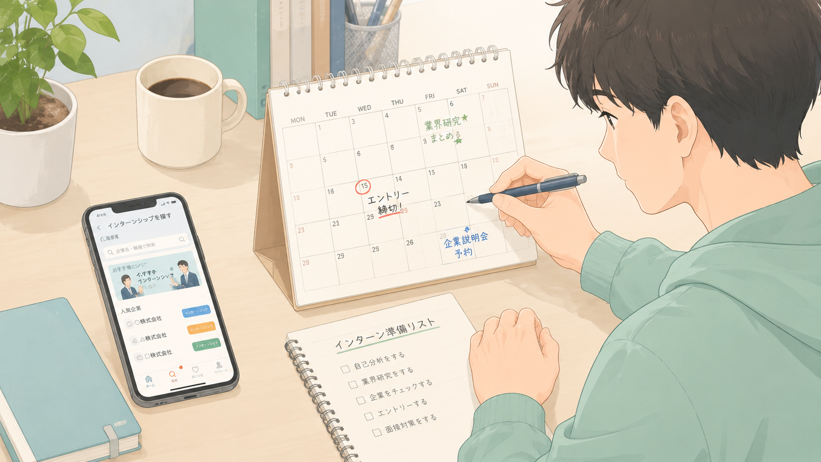 インターンシップのスケジュールをカレンダーで確認する大学生のイメージ
