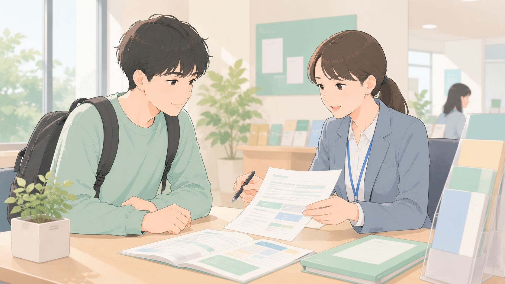 大学の窓口で奨学金の申し込みについて相談する学生のイメージ