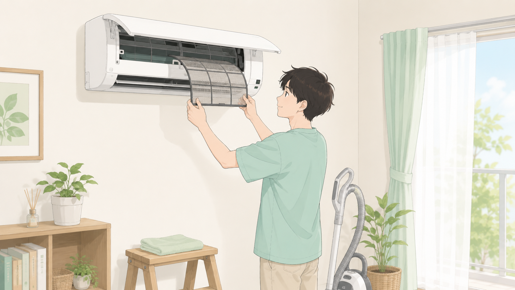 エアコンのフィルターを掃除するイメージ